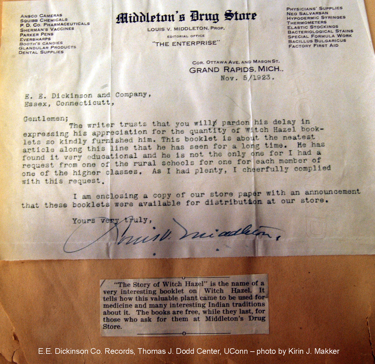 Letter to E. E. Dickinson Company from Middleton's Drug Store in Grand Rapids, Michigan, November 5, 1923