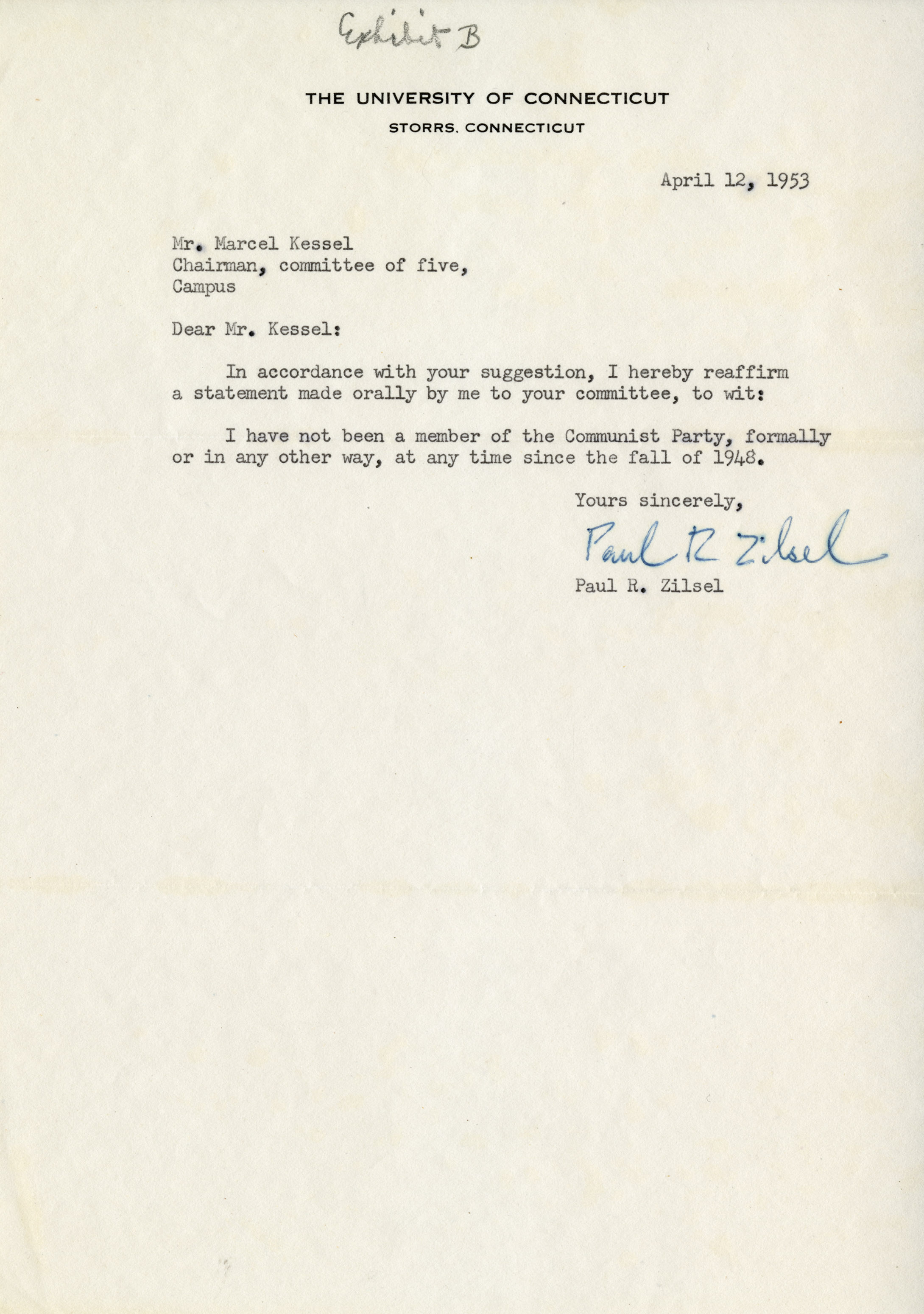 Letter written April 12, 1953, from UConn Professor Paul R. Zilsel, where he affirms that he is not a member of the Communist Party