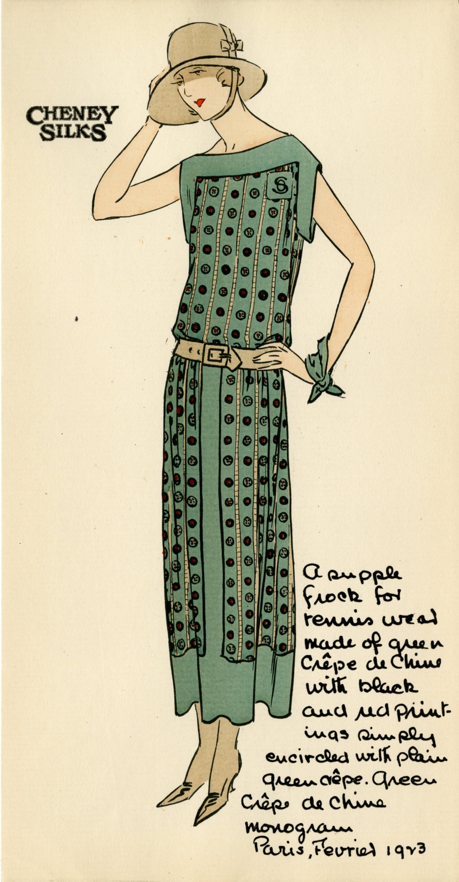 Drawing of a silk dress using fabric from the Cheney Brothers Silk Manufacturing Company, ca. 1920s