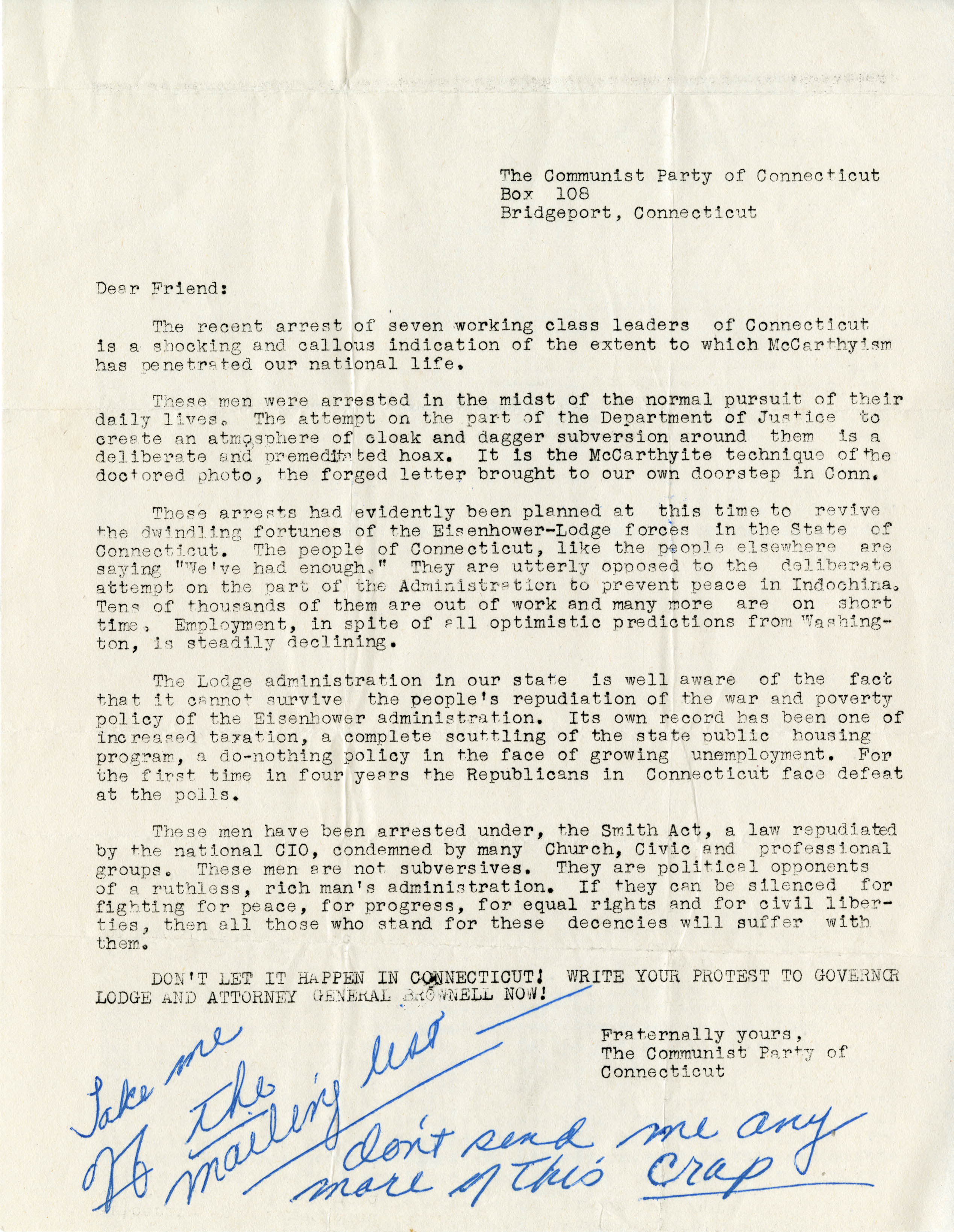 Undated letter written by the Communist Party of Connecticut asking for donations with a handwritten response from an unidentified person telling the Party to take him off their mailing list