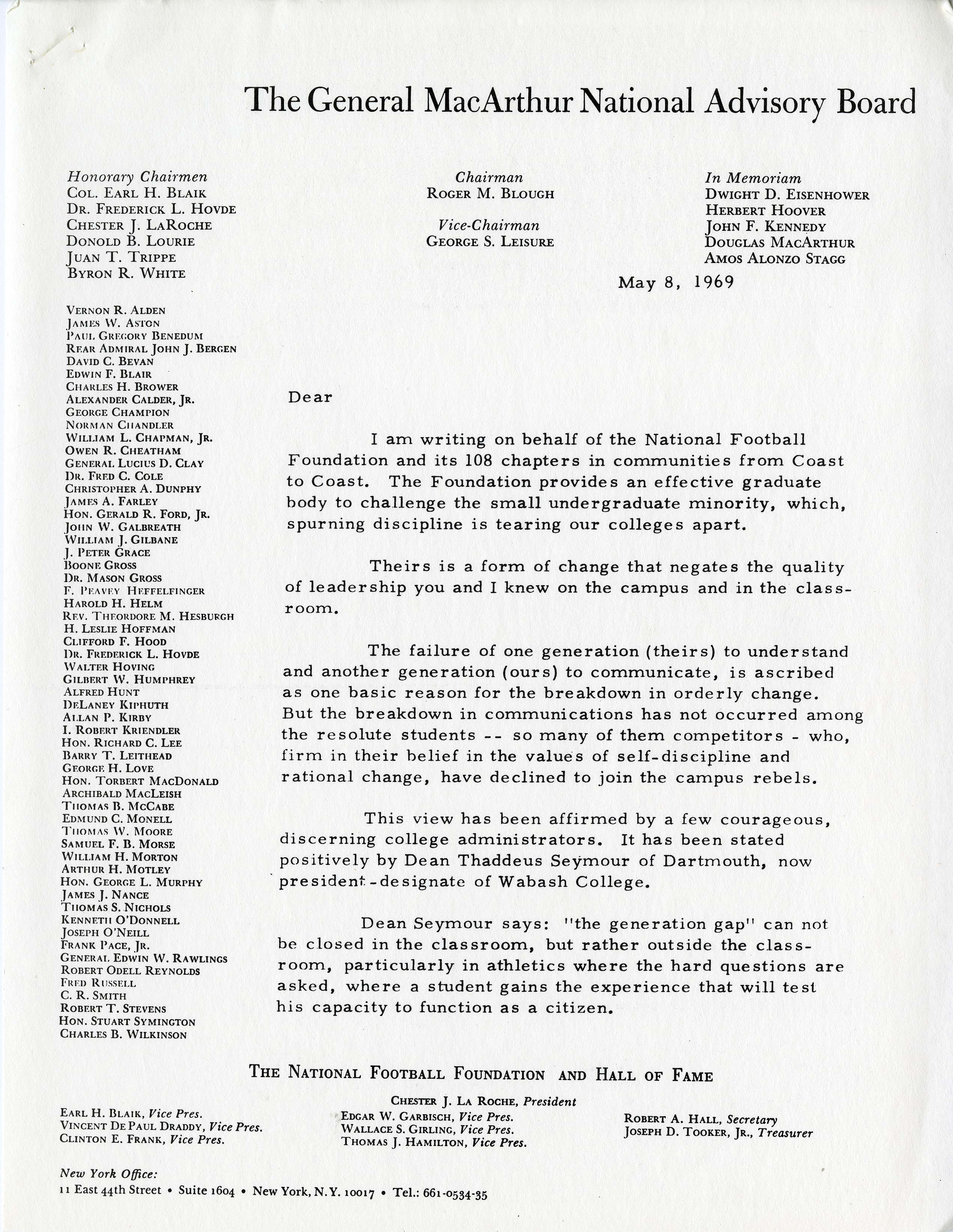 Letter from National Foundation and Hall of Fame to UConn Athletics Director John Toner, May 8, 1969