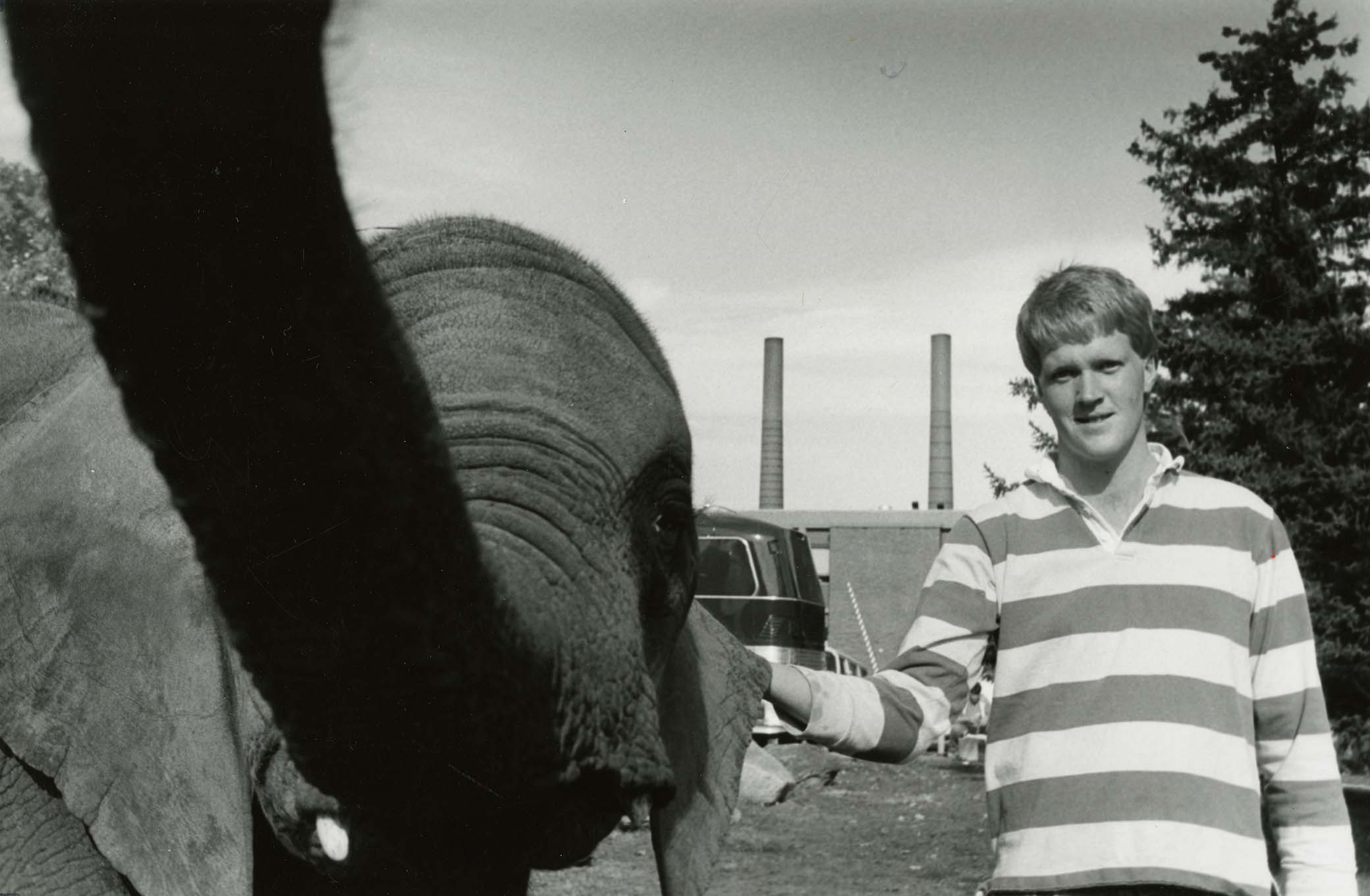 UConn student with an elephant (Jorgensen Circus Royal), October 17, 1987