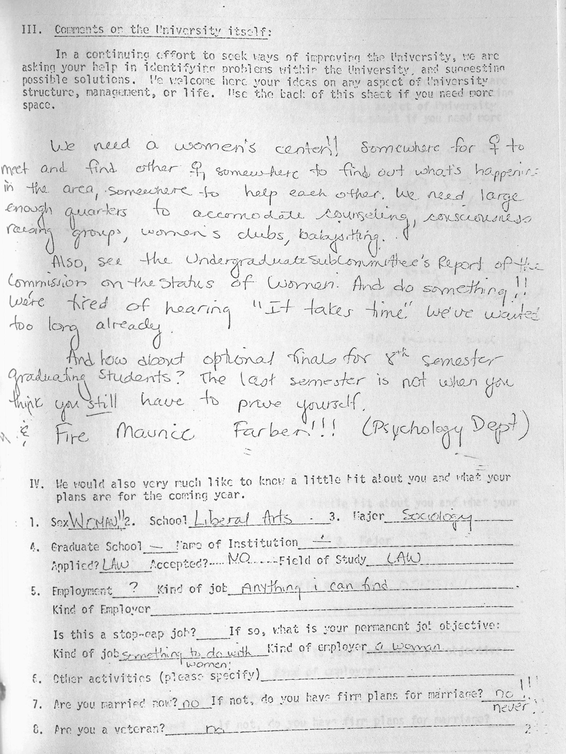 Page from UConn Senior Survey, 1972