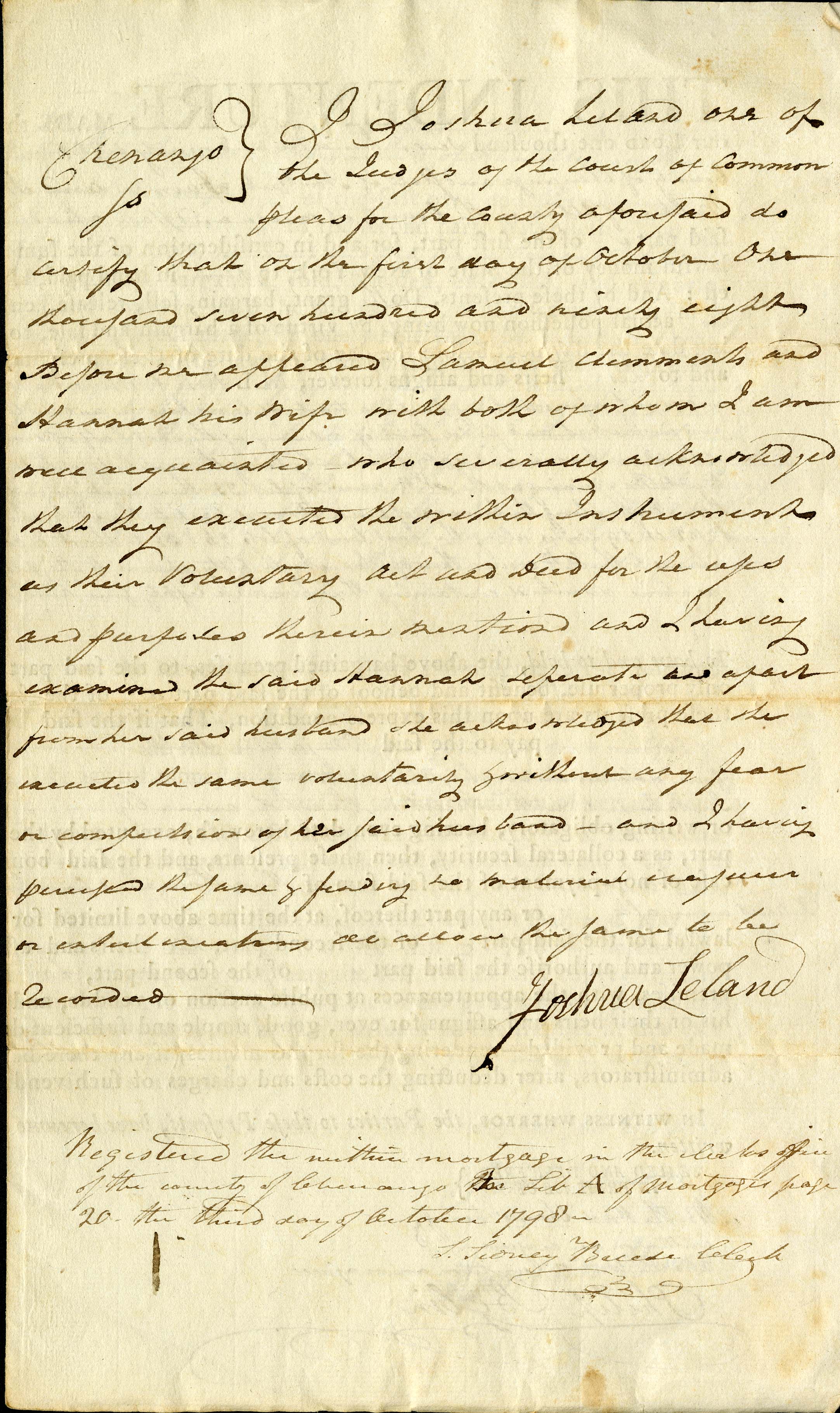 Indenture document from 1798 concerning a land transaction. From the T.S. Gold Family Papers