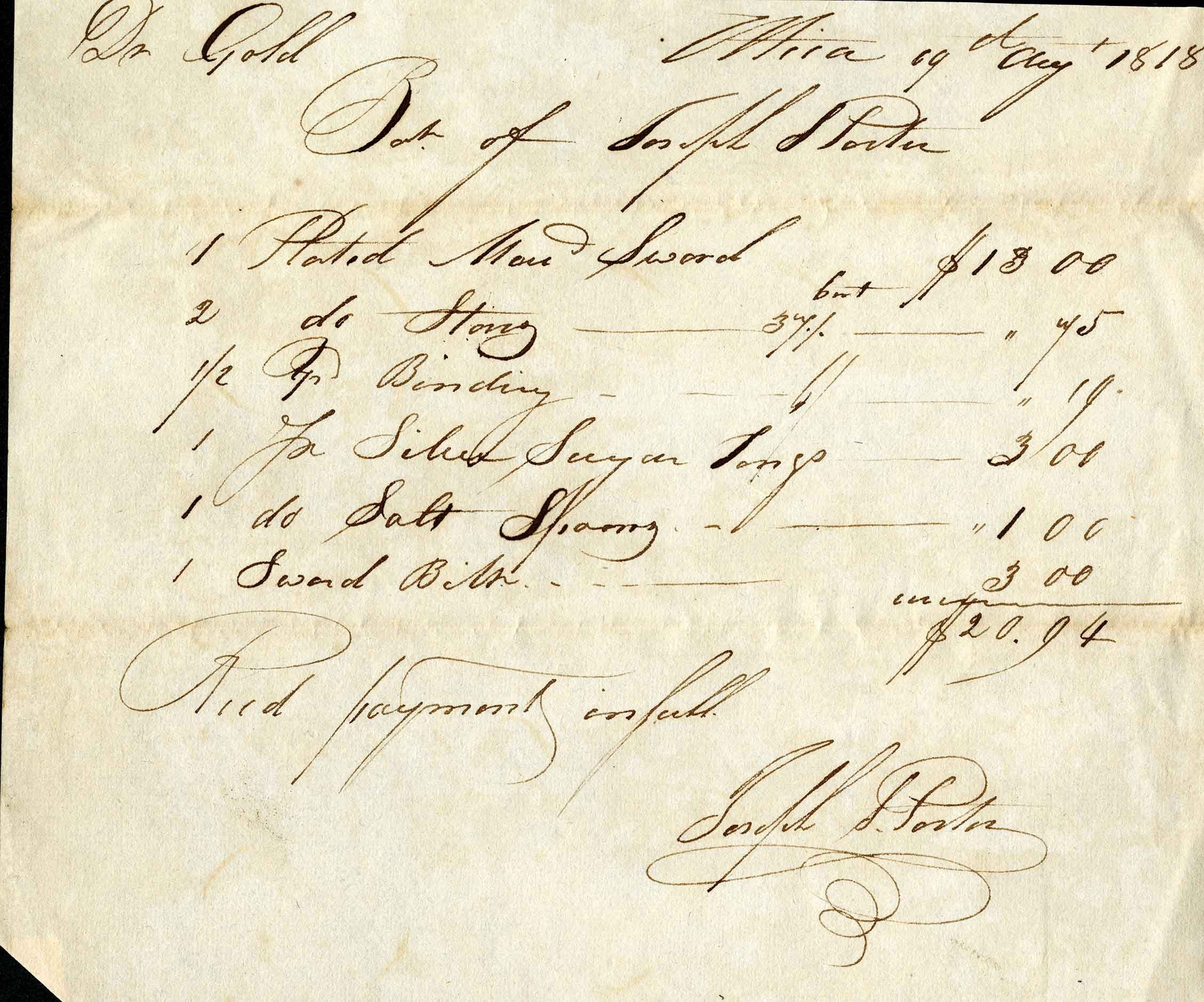 Bank receipt from 1818. From the T.S. Gold Family Papers