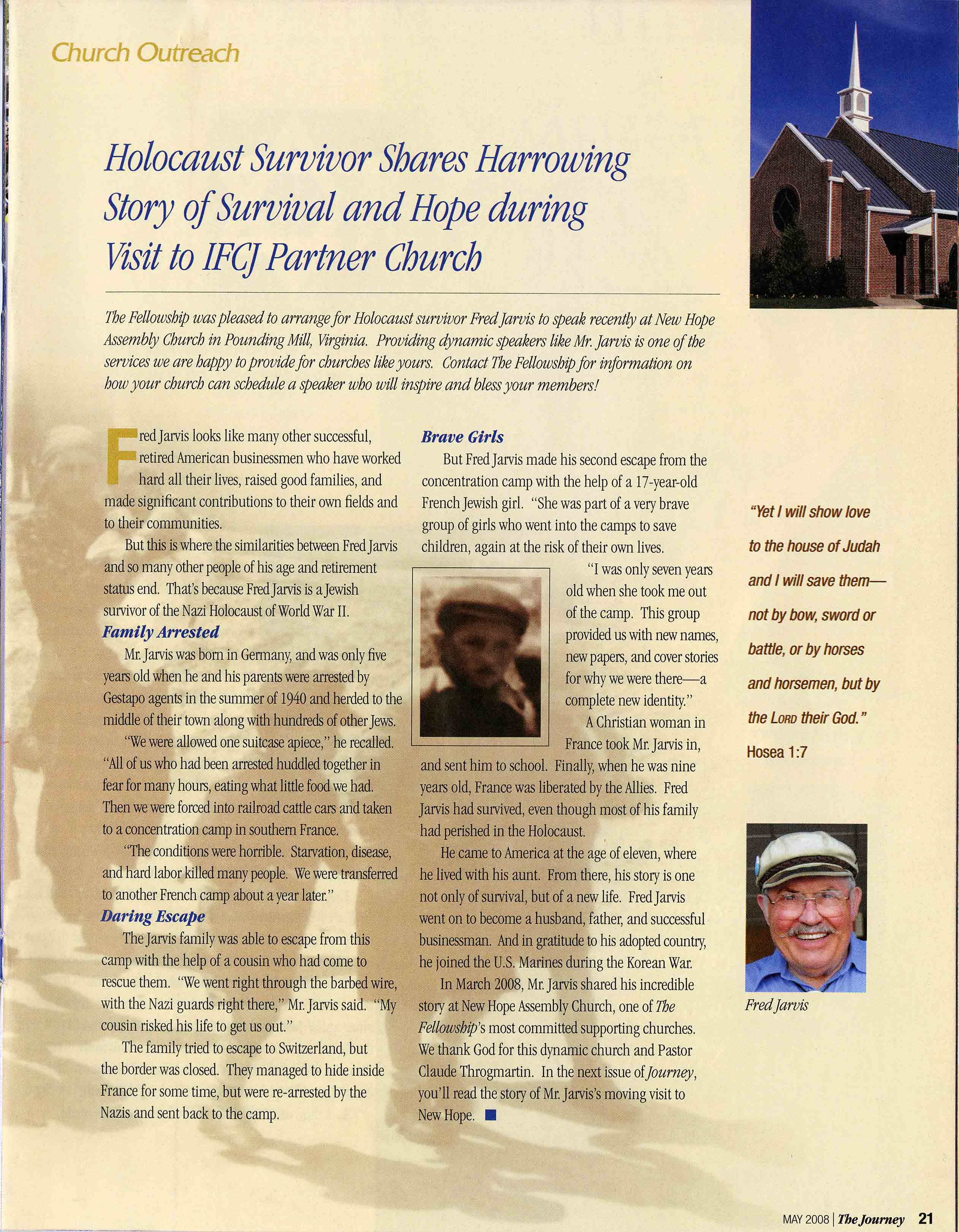 "Holocaust Survivor Shares Harrowing Story of Survival" in The Journey Magazine, from the Irena Urdang de Tour Collection of Holocaust Materials