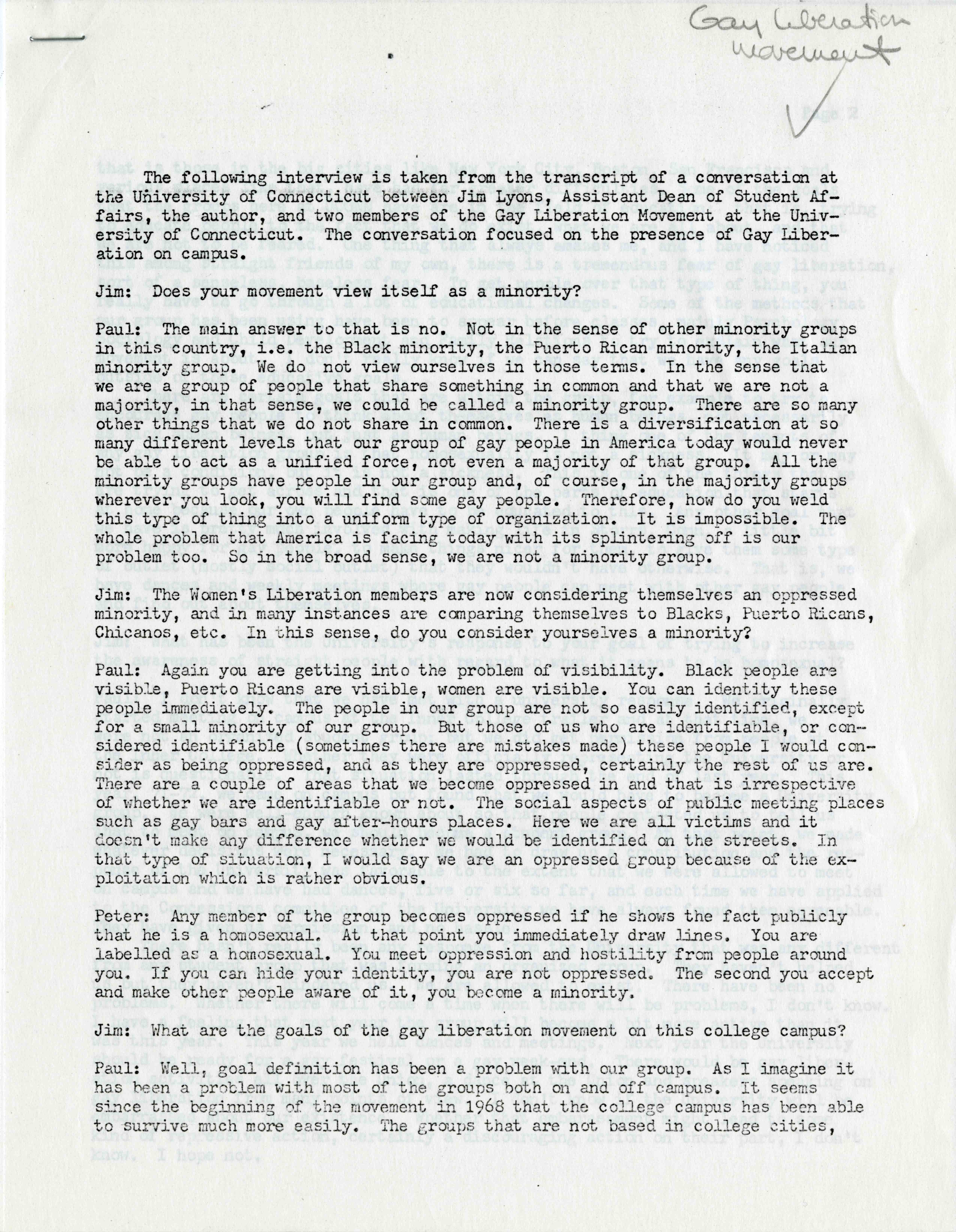 Page from the transcript of an interview with two members of the gay liberation movement at UConn (undated)