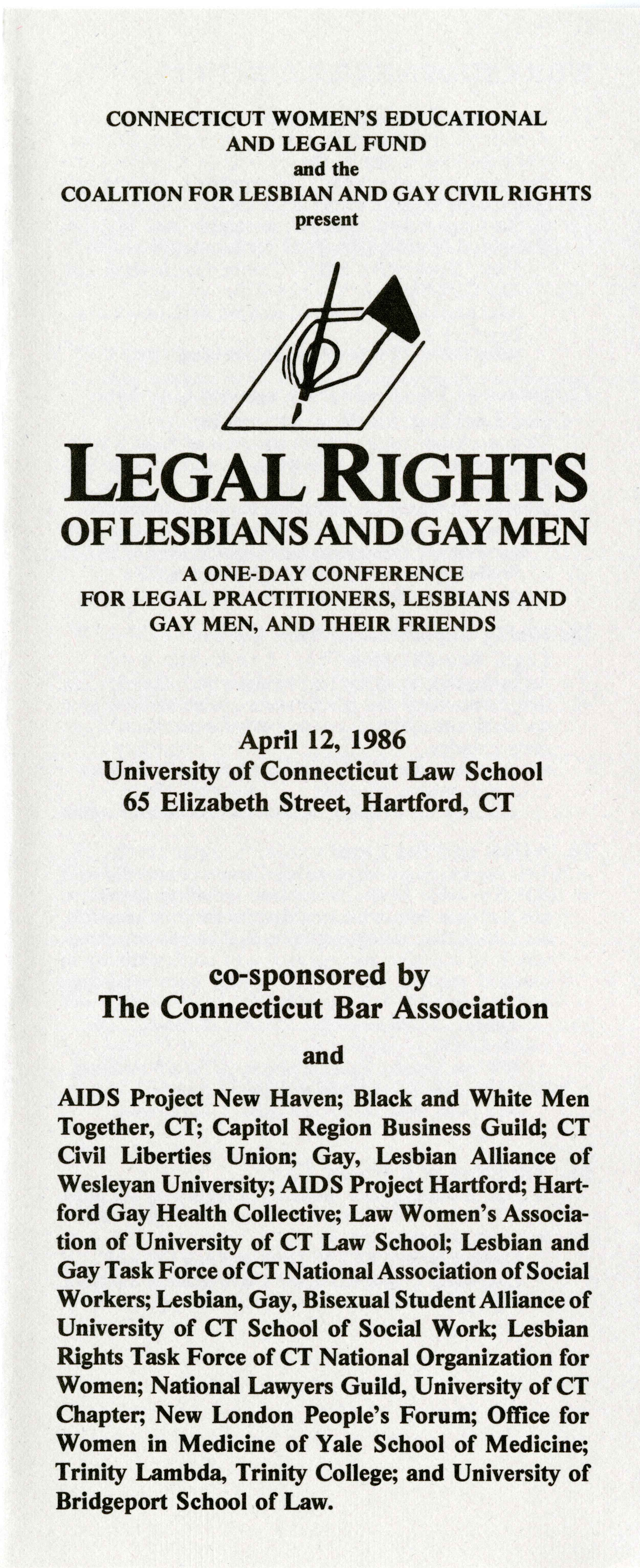 -	Front cover of pamphlet for CWEALF conference on Legal Rights of Lesbians & Gay Men (April 1986)