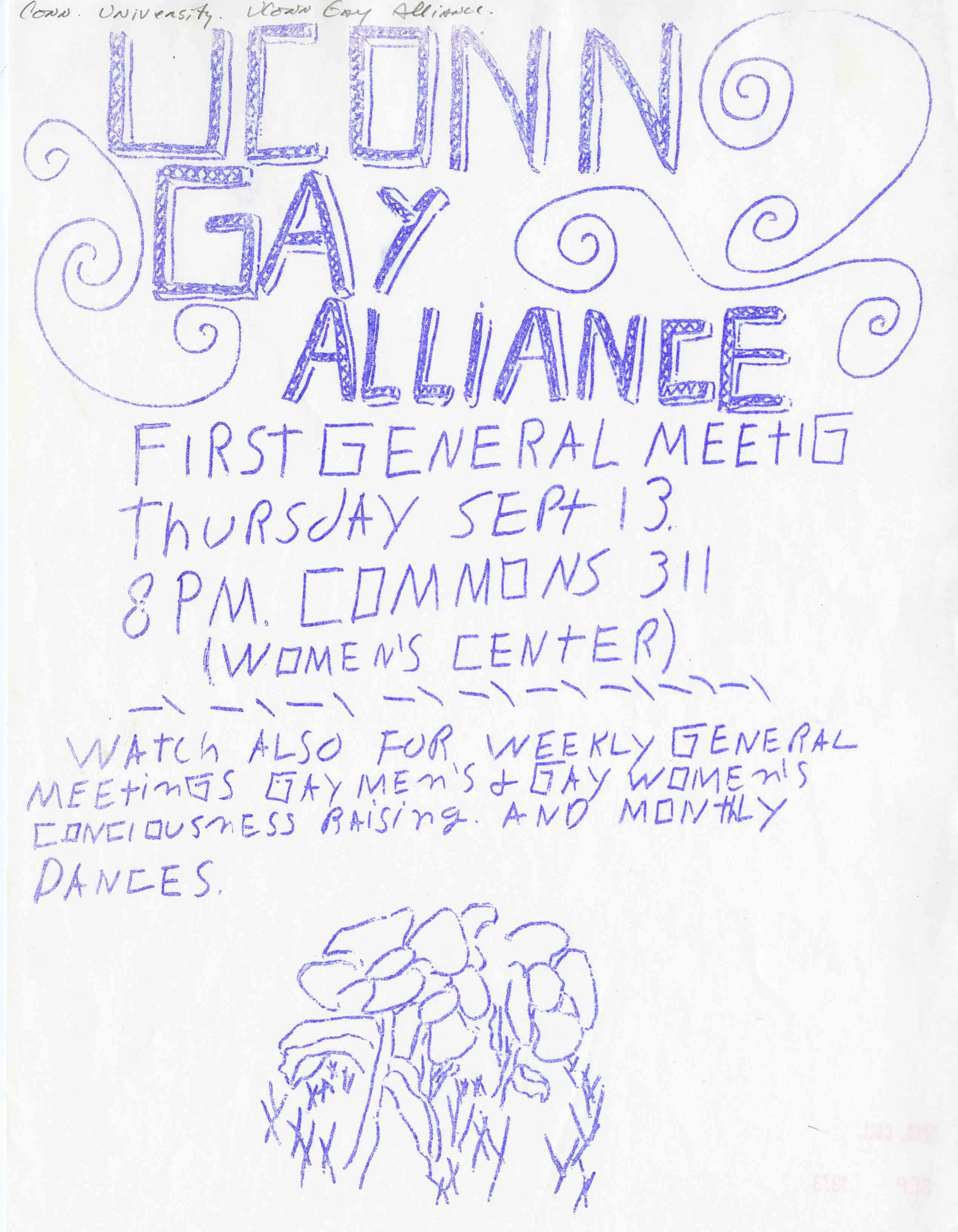 -	UConn Gay Alliance, First General Meeting Flyer (September 1973)