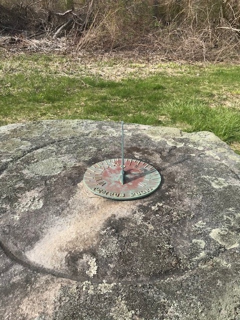 Sun dial at Trail Wood, April 2020. Photographed by Laura Smith.