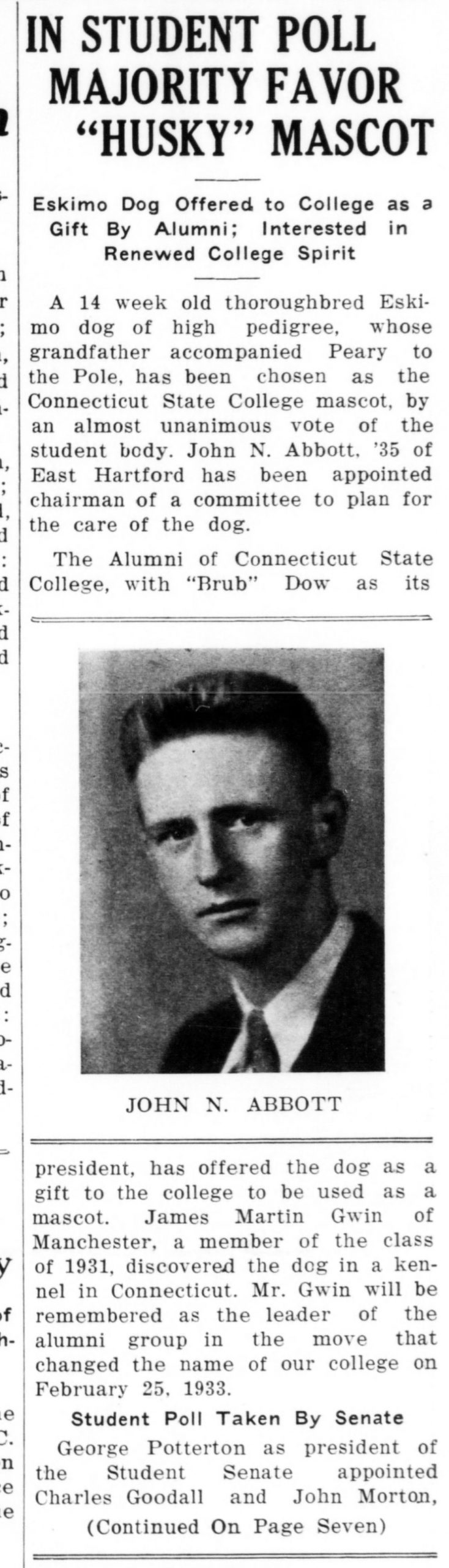 Article in the November 27, 1934, Connecticut Campus about the choice of a Husky dog as the Connecticut State College Mascot