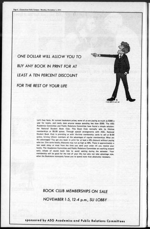 November 1, 1971 Connecticut Daily Campus ad encouraging students to sign up for National Student Book Club memberships, sponsored by ASG