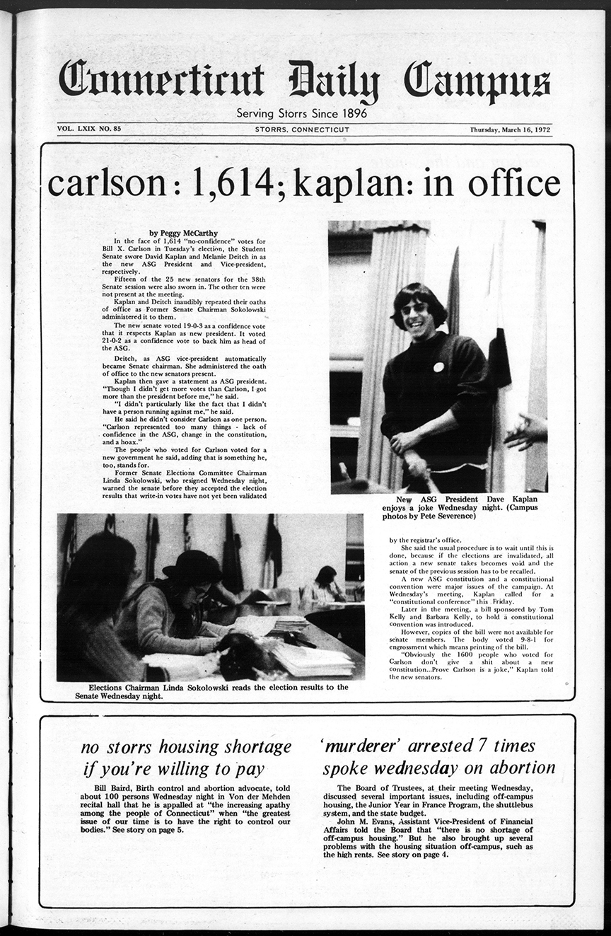 March 16, 1972 Connecticut Daily Campus article chronicling the victory of Bill X. Carlson for President of the Associated Student Government.  Carlson was not a real person.