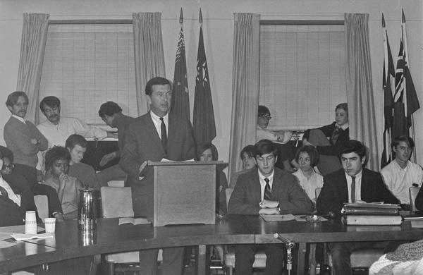 UConn President Homer D. Babbidge speaks to the Student Senate, photo taken December 6, 1968 by Howard Goldbaum