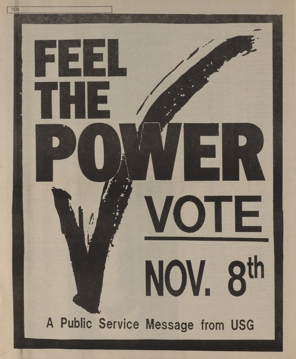 Ad in the November 1988 UConn Free Press encouraging students to vote in USG Elections