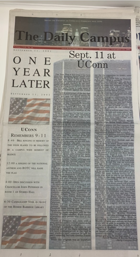 Front page of The Daily Campus on September 11, 2002, remembering the tragedy one year later.