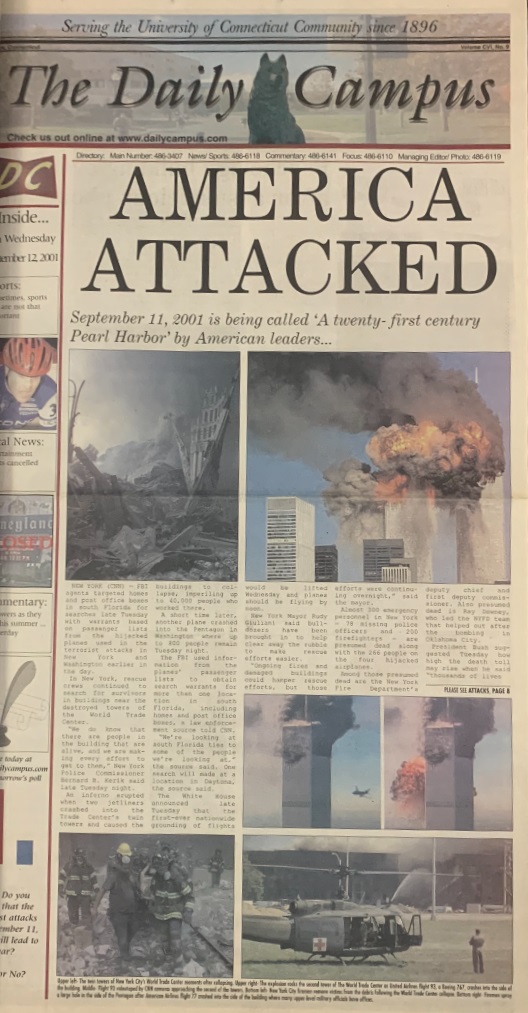 Front page of The Daily Campus on September 12, 2001, featuring a CNN article reporting on the events of the day before.