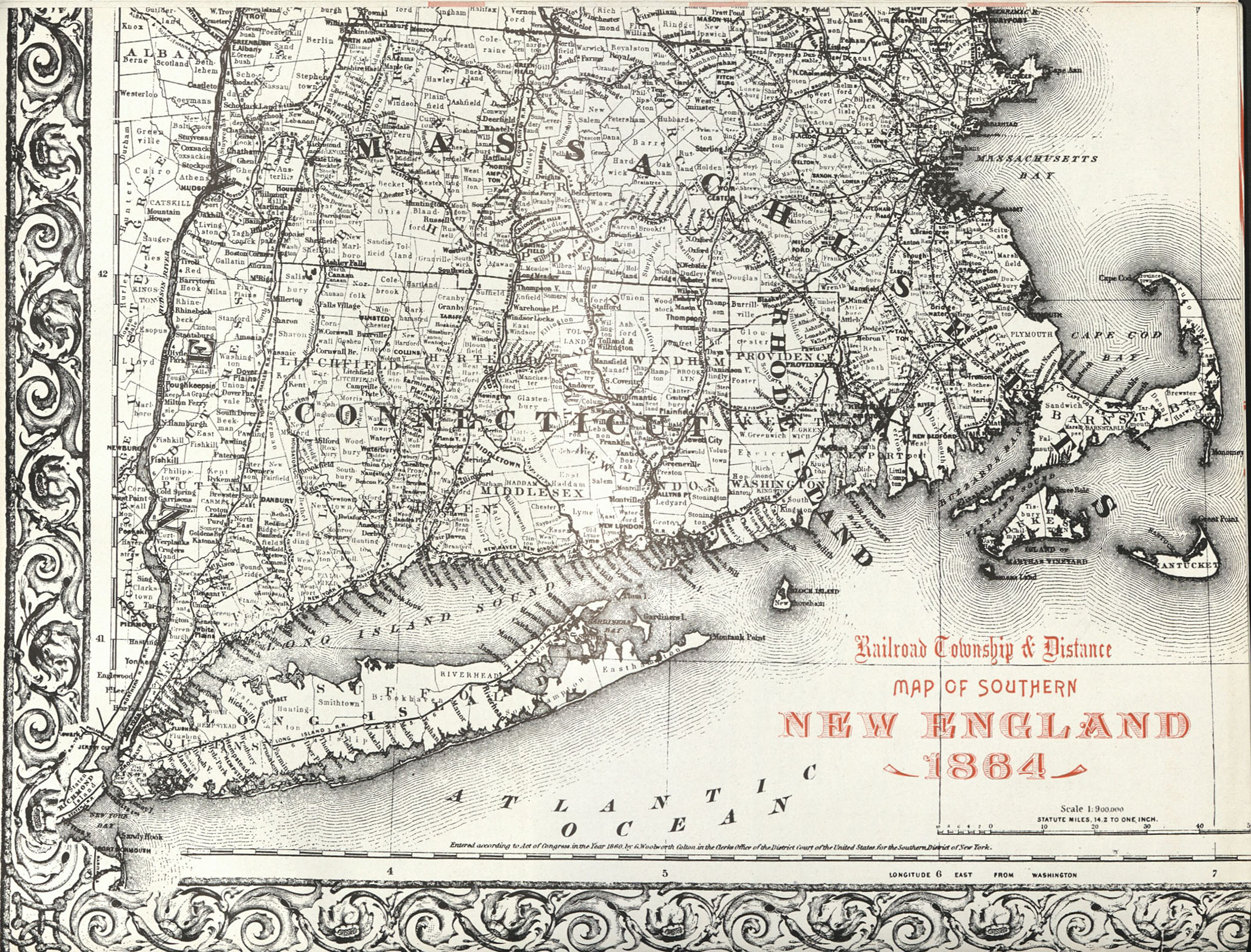 1864 map of southern New England train routes