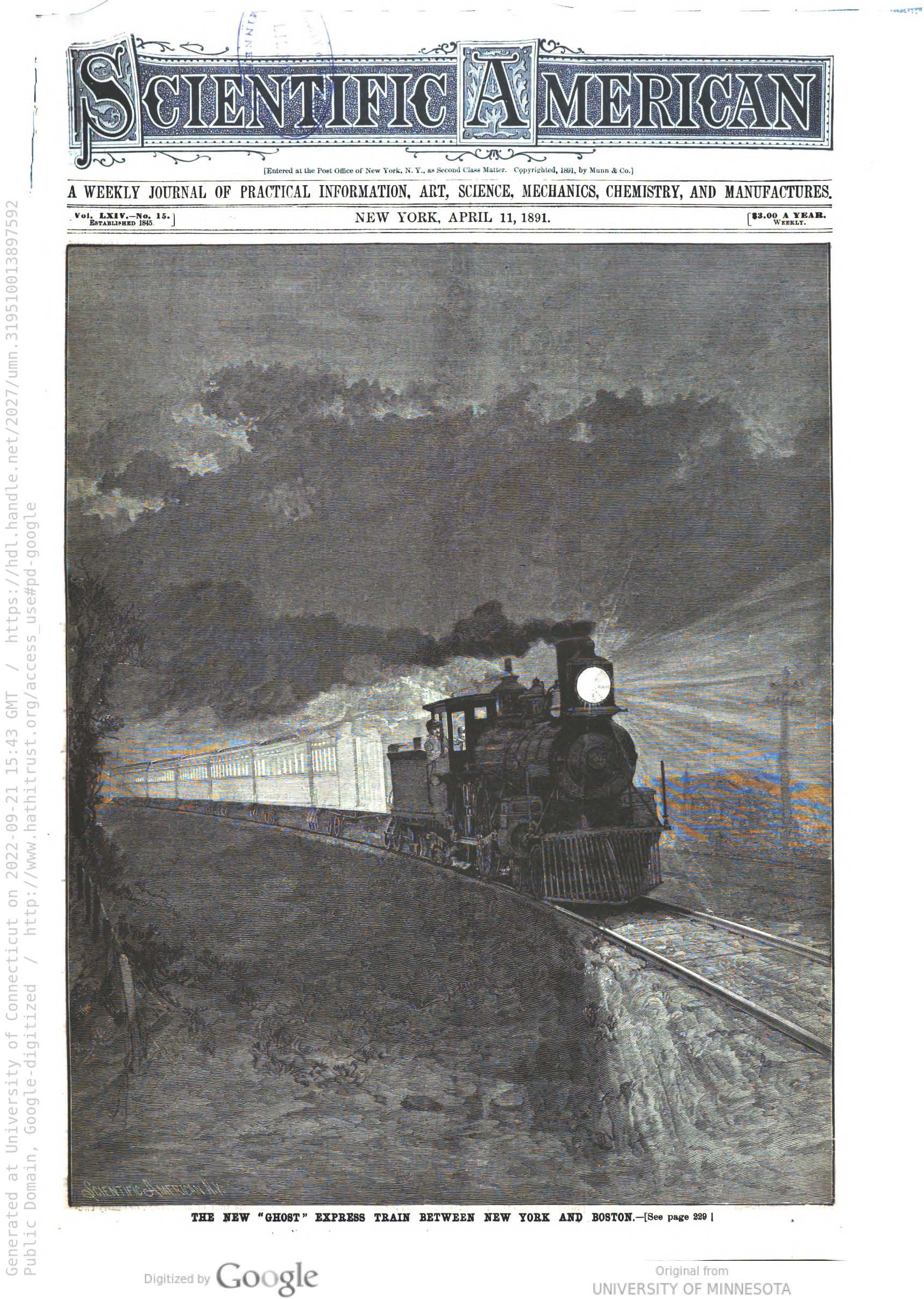 April 11, 1891, cover of Scientific American showing the White Train