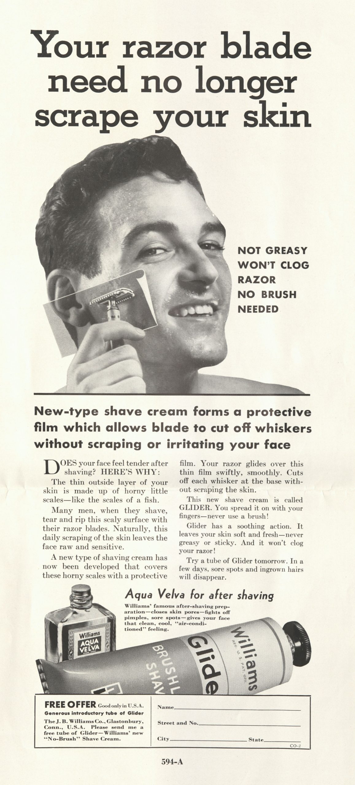 "Your Razor Blade Need No Longer Scrape Your Skin," advertisement of J.B. Williams toiletry products, 1930s
