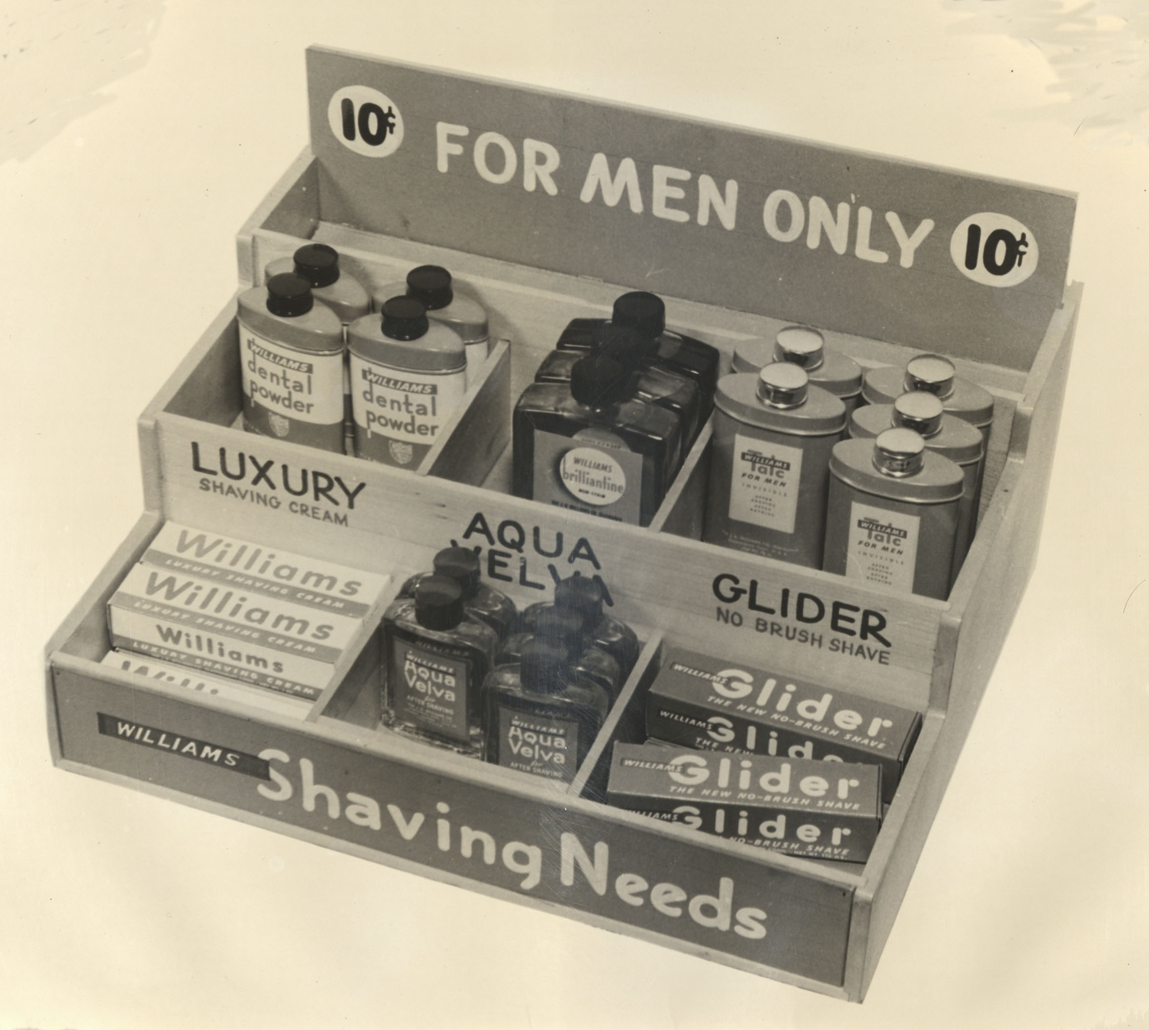 Display of "For Men Only" shaving products, manufactured by the J.B. Williams Company