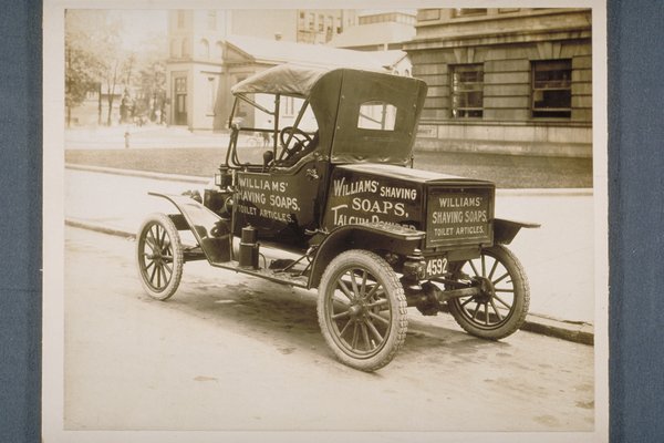 Automobile with J.B. Williams Company advertisements, 1920s