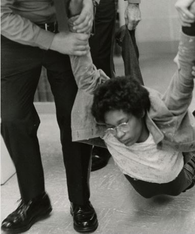 Black student protest in Wilbur Cross Library, from the UConn Archives, April 23, 1974. 