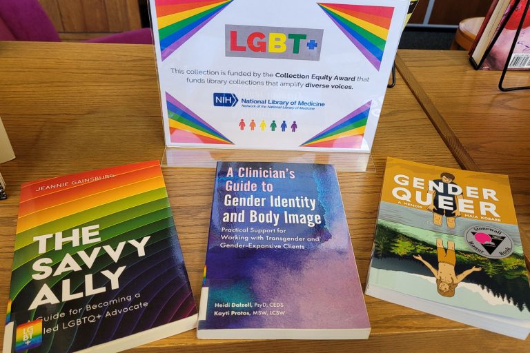 photo of a book display. three books on a table and a sign that identifies the books as LGBT themes.