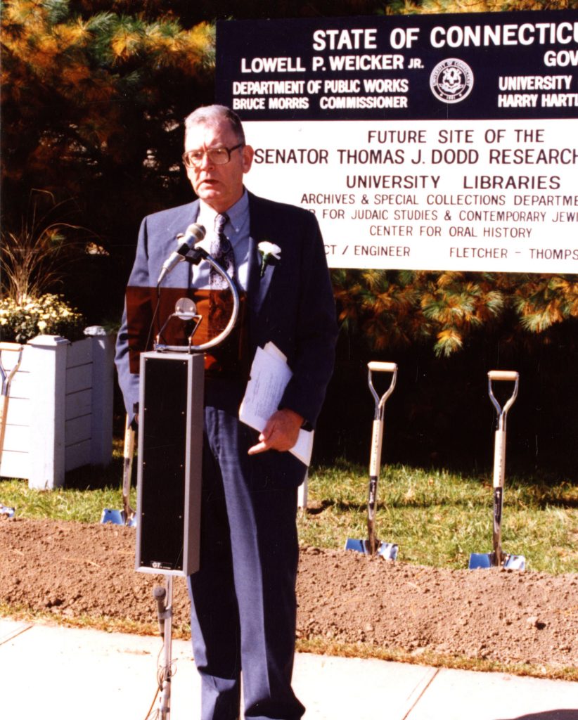 Emeritus director of the UConn Library, Norman D. Stevens, at the groundbreaking ceremony for the Thomas J. Dodd Research Center on October 10, 1993. Photo by Paul J. Toussaint courtesy of the UConn Archives & Special Collections. 