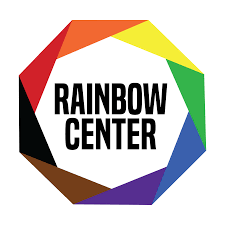Rainbow Center logo. Text of Rainbow Center inside a circle made of the colors of the rainbow